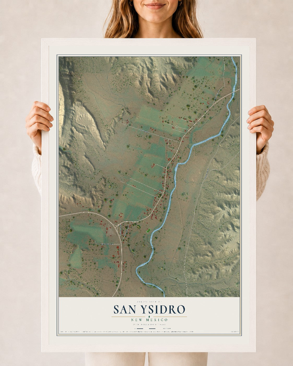 Map of San Ysidro, New Mexico, 24 x 36 inch print in a white wood frame