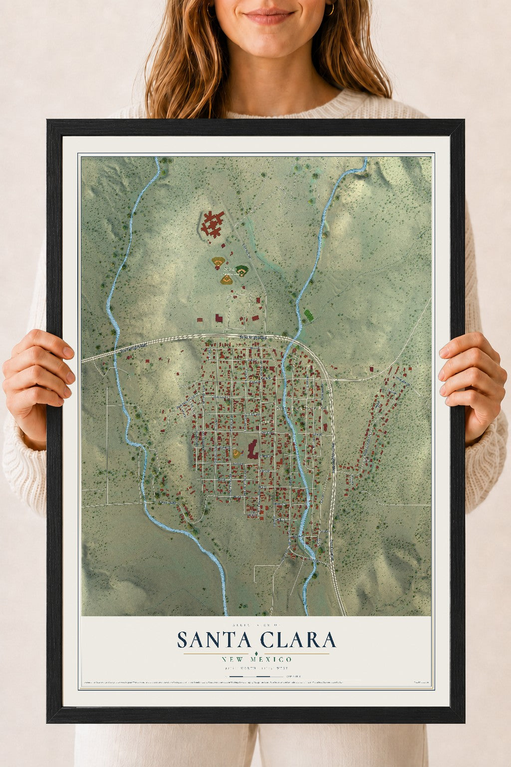 Map of Santa Clara, New Mexico, 18 x 24 inch print in a black wood frame