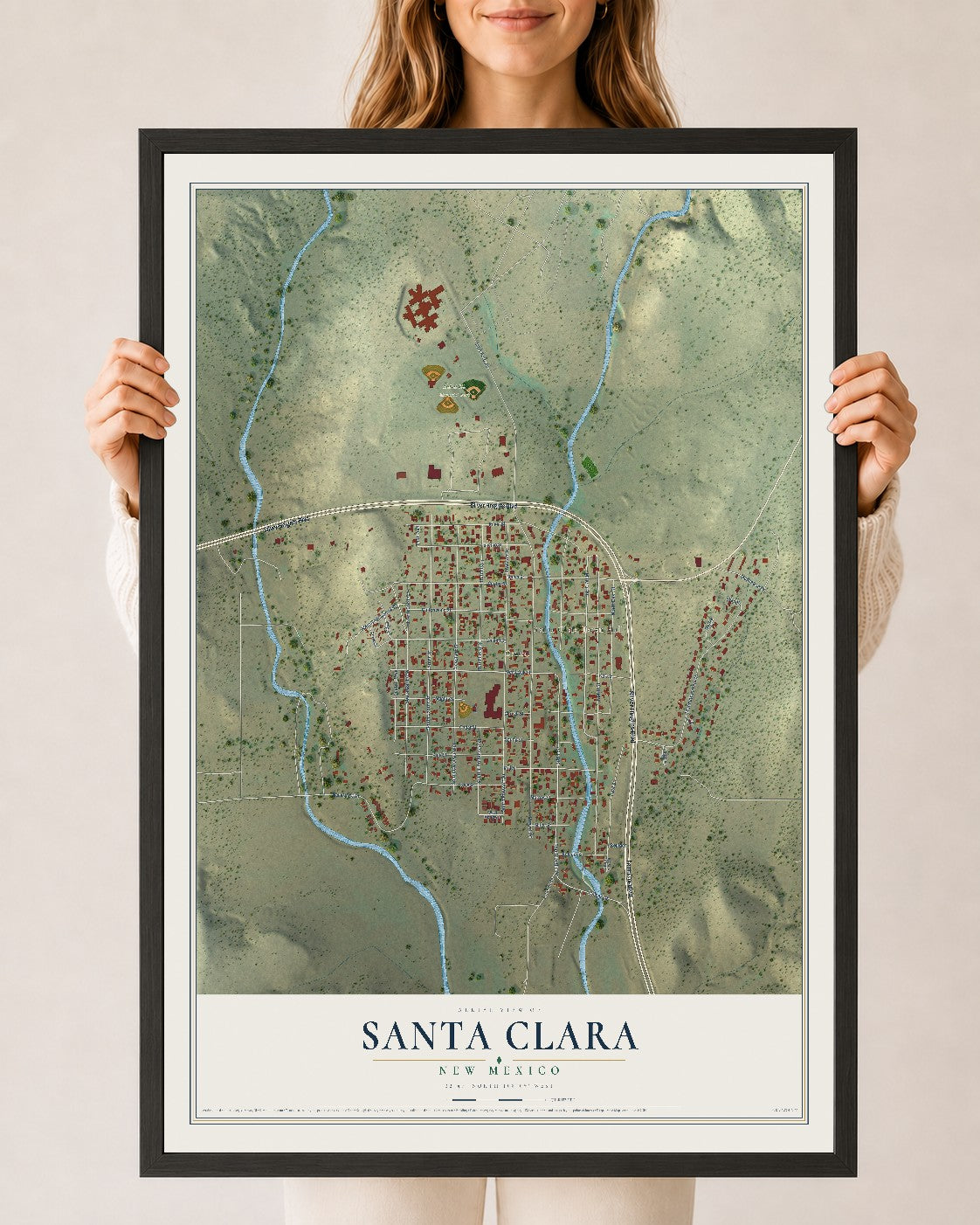 Map of Santa Clara, New Mexico, 24 x 36 inch print in a black wood frame