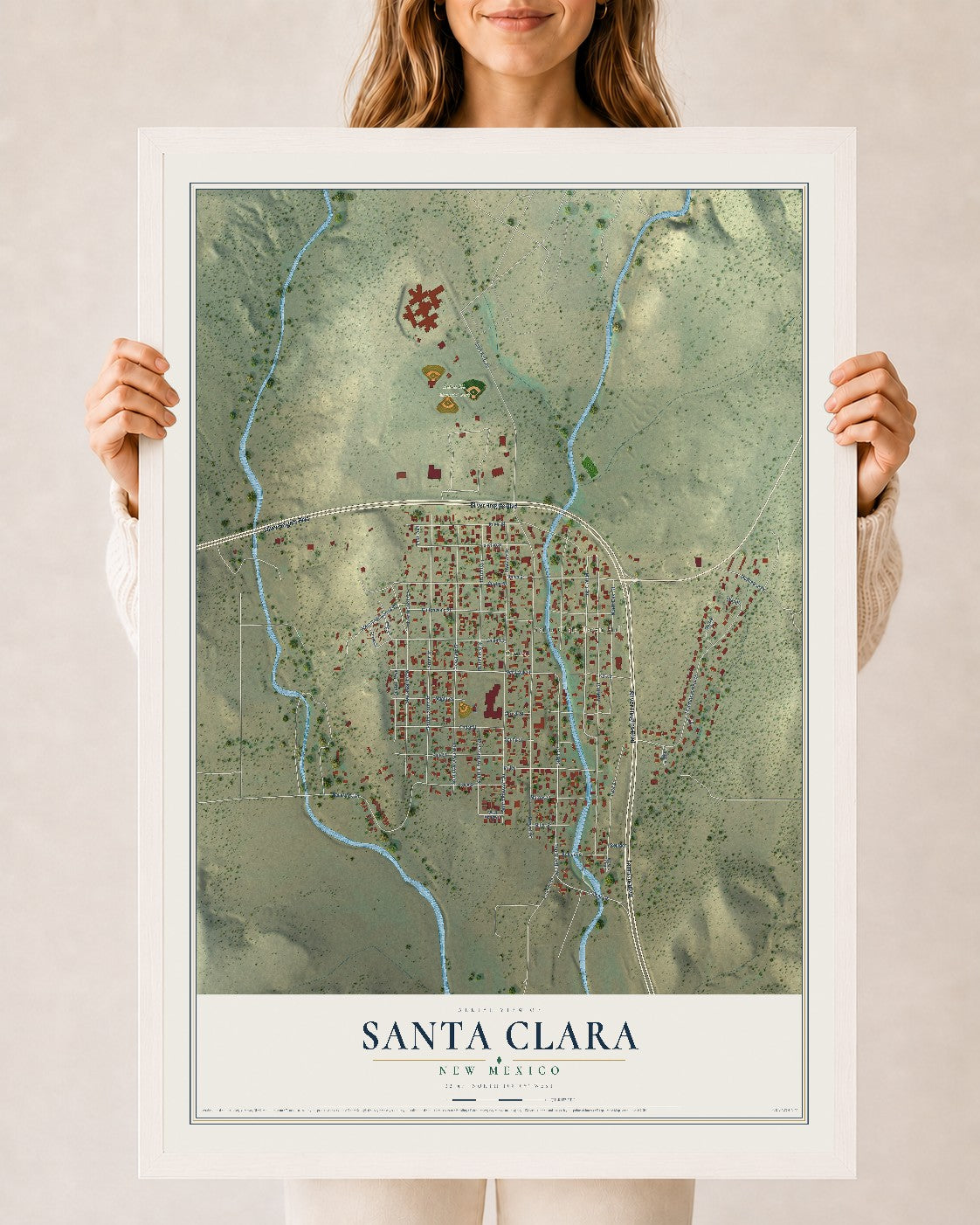 Map of Santa Clara, New Mexico, 24 x 36 inch print in a white wood frame