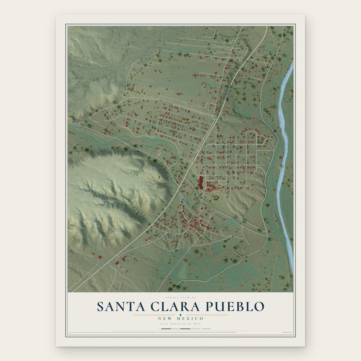 Santa Clara Pueblo, New Mexico map print, the full design