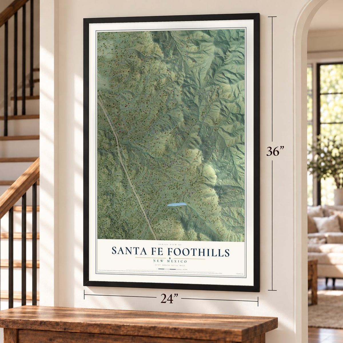 Santa Fe Foothills, New Mexico map, 24 x 36 inch print in a black frame by a staircase