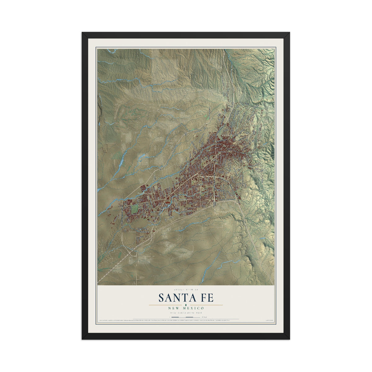 Map of Santa Fe, New Mexico, 12 x 18 inch print in a black wood frame