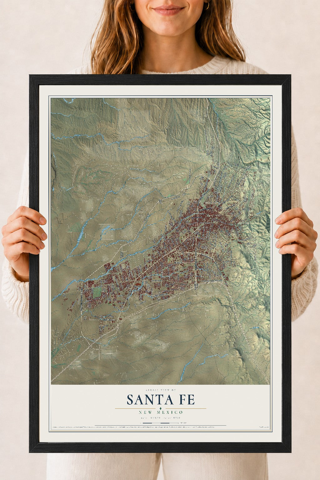 Map of Santa Fe, New Mexico, 18 x 24 inch print in a black wood frame