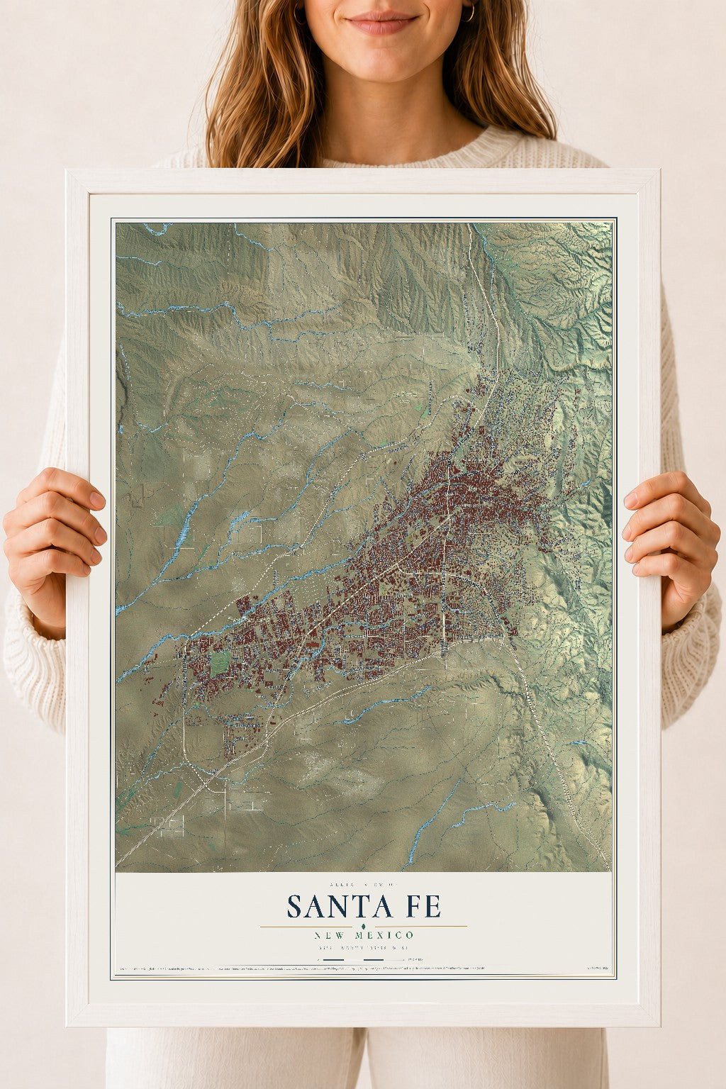 Map of Santa Fe, New Mexico, 18 x 24 inch print in a white wood frame
