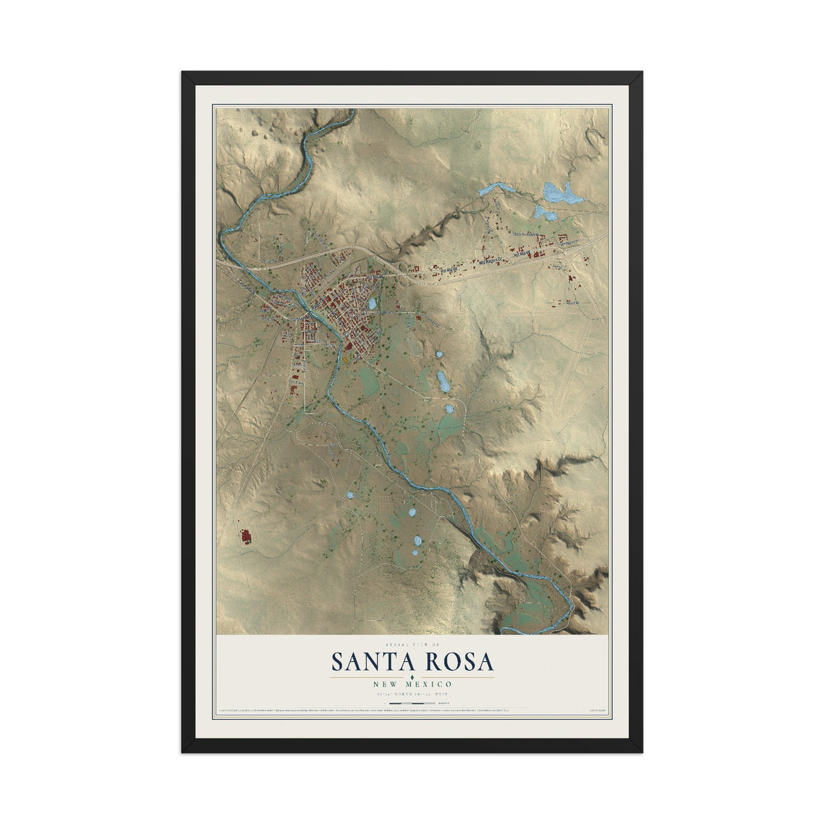 Map of Santa Rosa, New Mexico, 12 x 18 inch print in a black wood frame