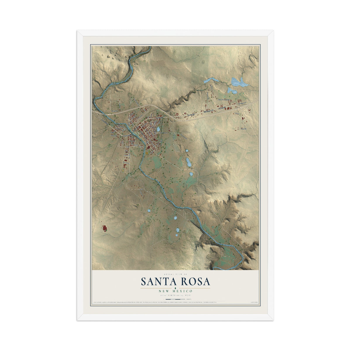 Map of Santa Rosa, New Mexico, 12 x 18 inch print in a white wood frame