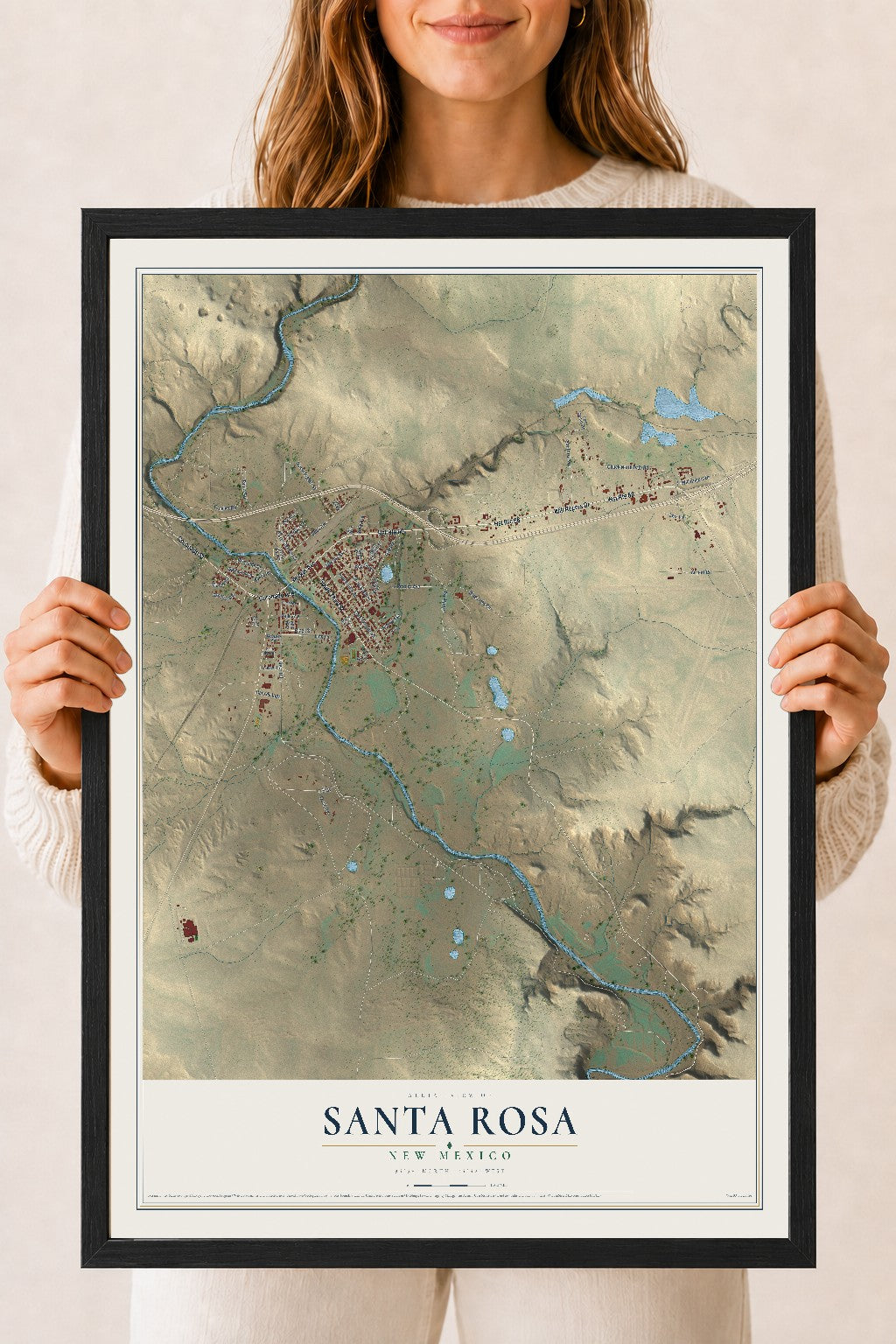 Map of Santa Rosa, New Mexico, 18 x 24 inch print in a black wood frame