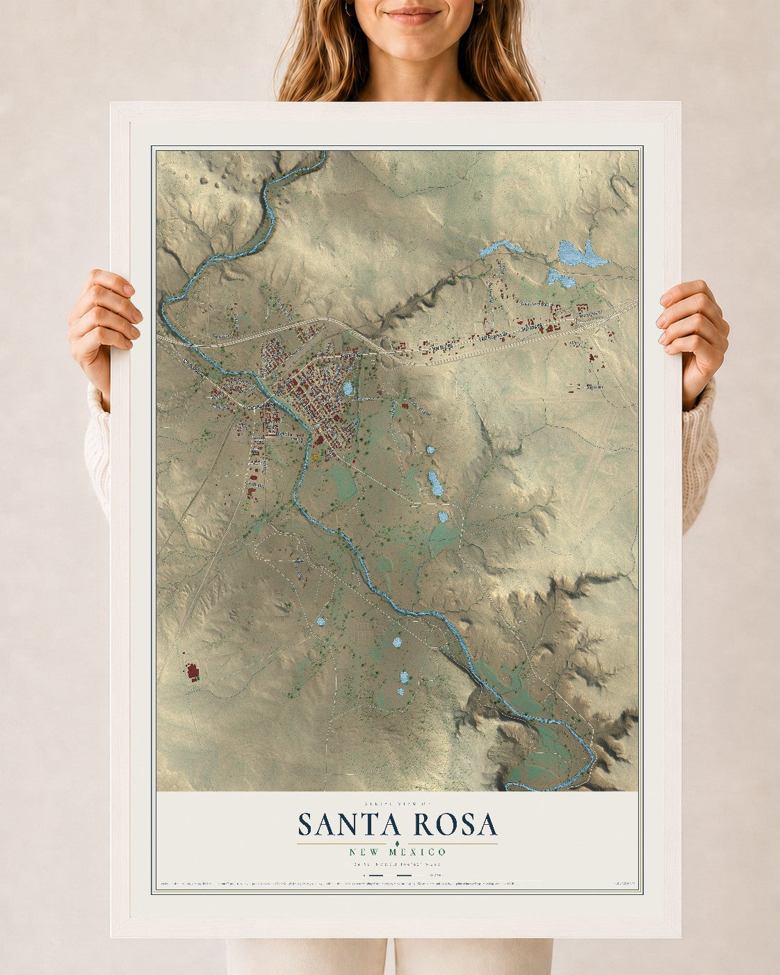 Map of Santa Rosa, New Mexico, 24 x 36 inch print in a white wood frame