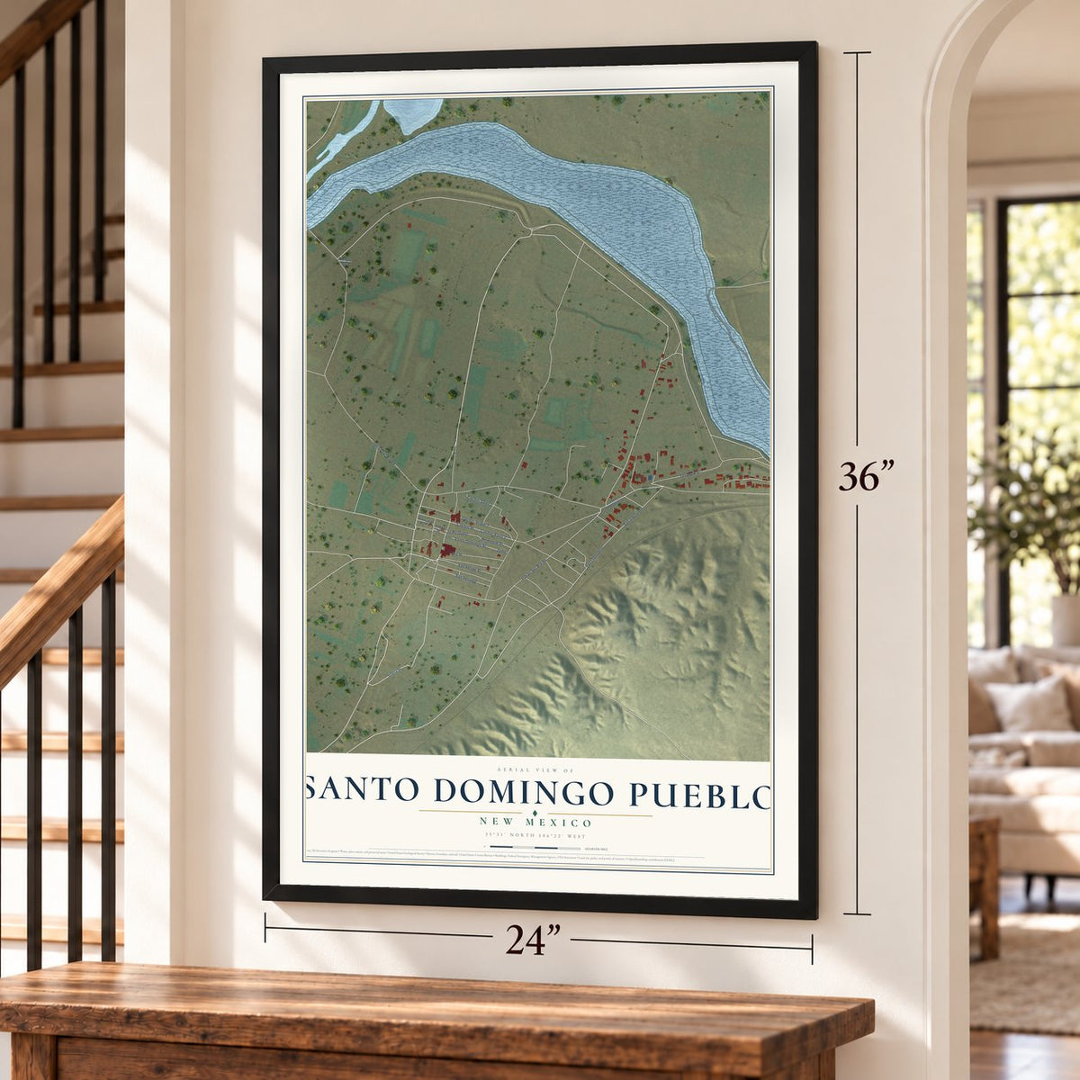 Santo Domingo Pueblo, New Mexico map, 24 x 36 inch print in a black frame by a staircase