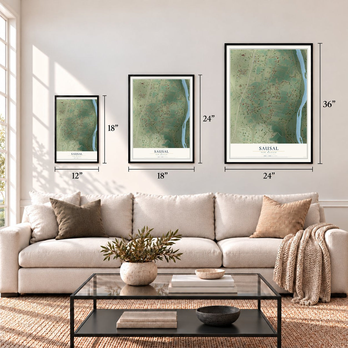 Sausal, New Mexico map in 12 x 18, 18 x 24 and 24 x 36 inch sizes above a sofa