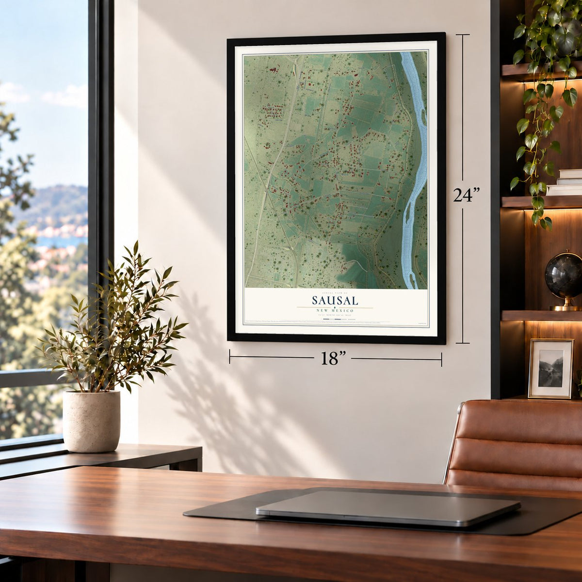 Sausal, New Mexico map, 18 x 24 inch print in a black frame in a home office