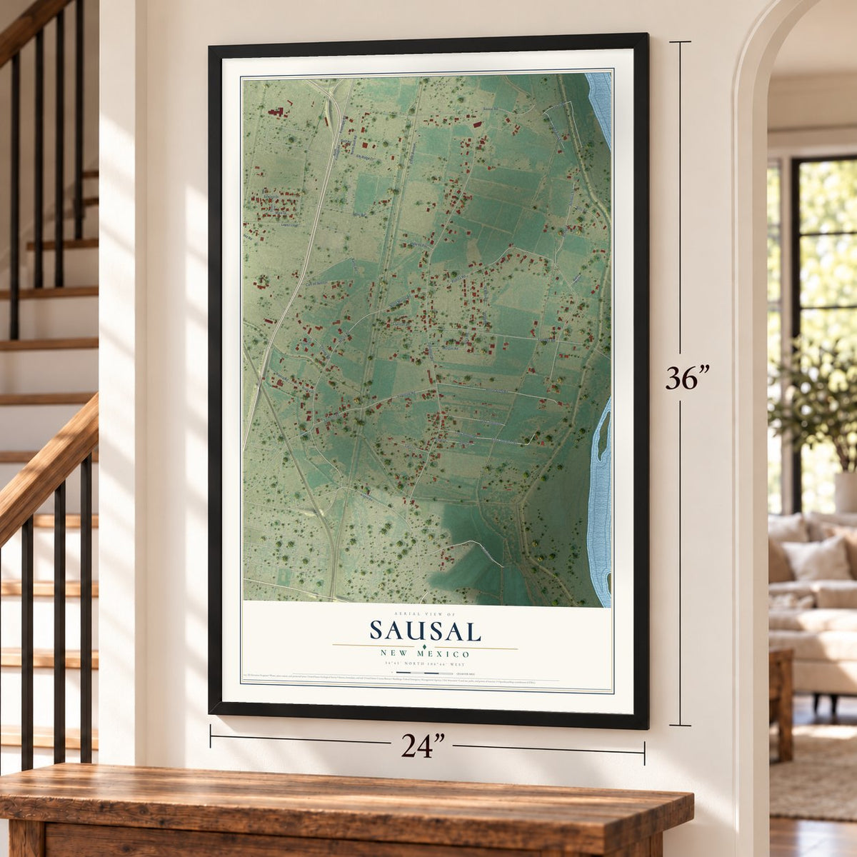 Sausal, New Mexico map, 24 x 36 inch print in a black frame by a staircase