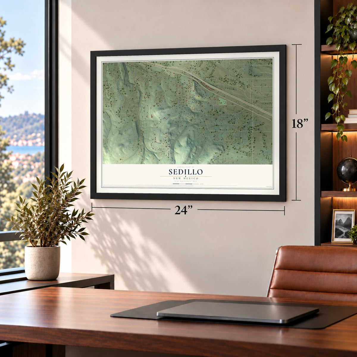 Sedillo, New Mexico map, 18 x 24 inch print in a black frame in a home office
