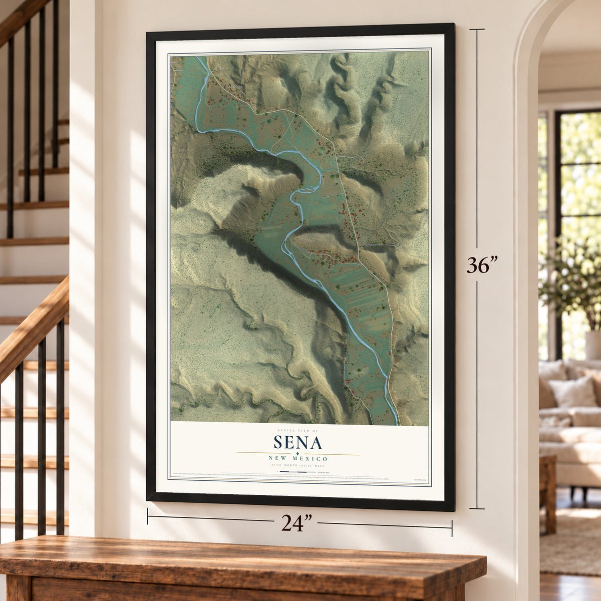 Sena, New Mexico map, 24 x 36 inch print in a black frame by a staircase
