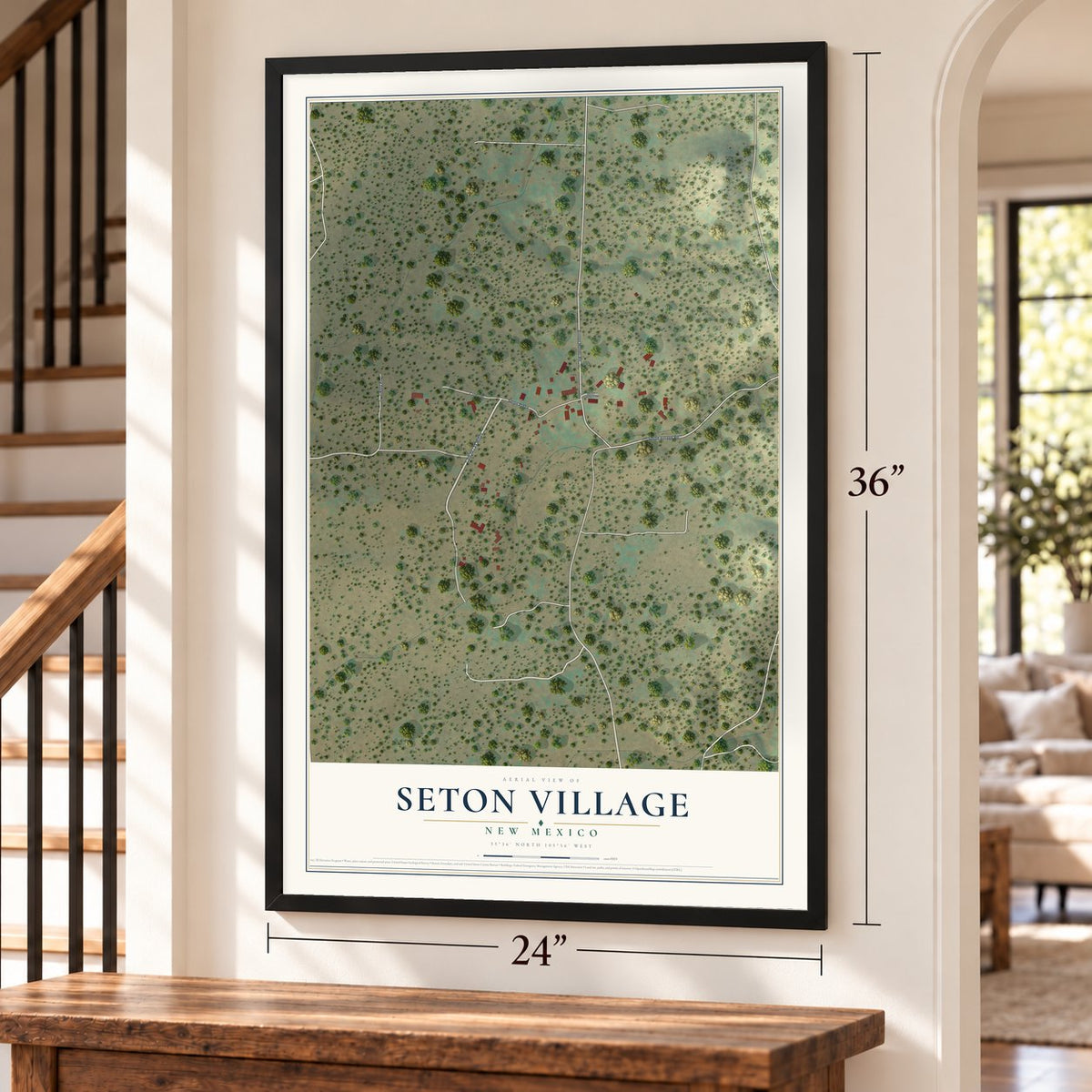 Seton Village, New Mexico map, 24 x 36 inch print in a black frame by a staircase