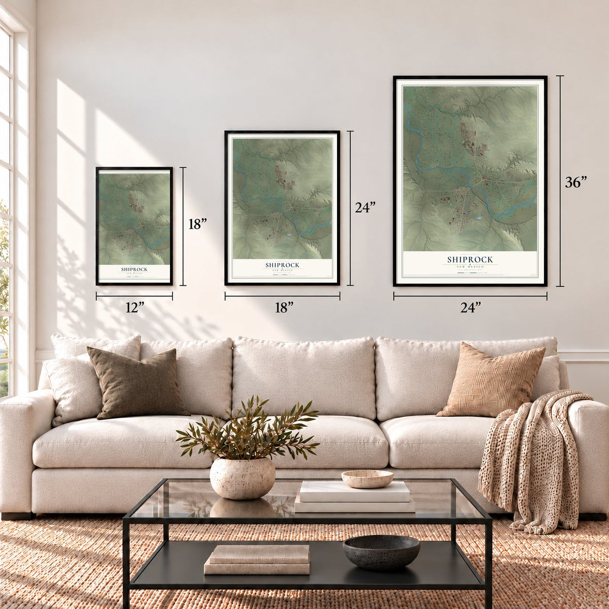 Shiprock, New Mexico map in 12 x 18, 18 x 24 and 24 x 36 inch sizes above a sofa