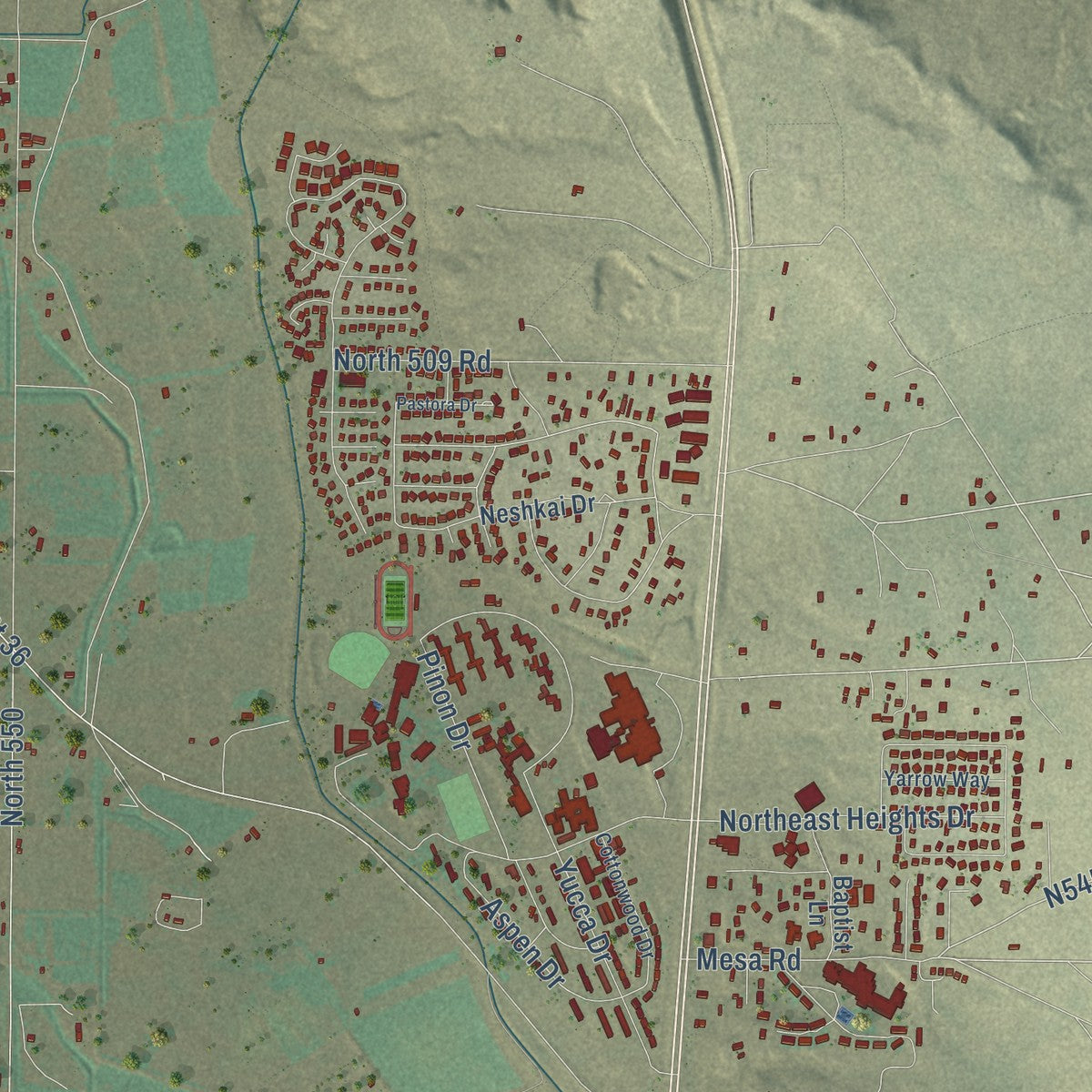 Close-up of the map of Shiprock, New Mexico print showing street and building detail
