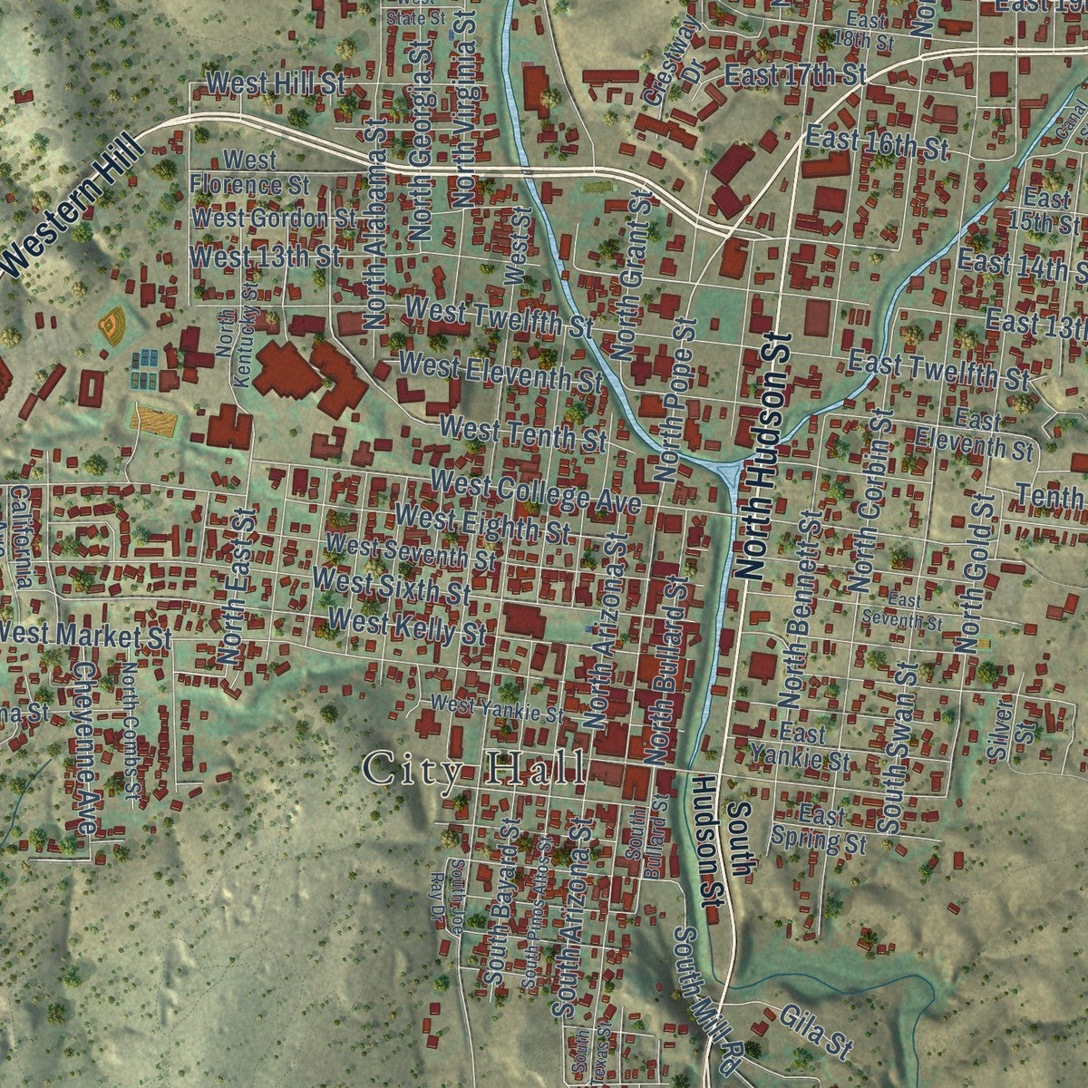 Close-up of the map of Silver City, New Mexico print showing street and building detail