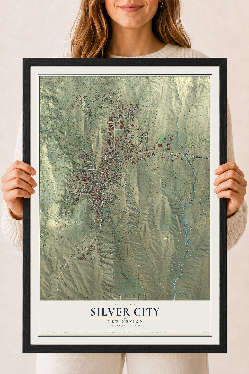 Map of Silver City, New Mexico, 18 x 24 inch print in a black wood frame