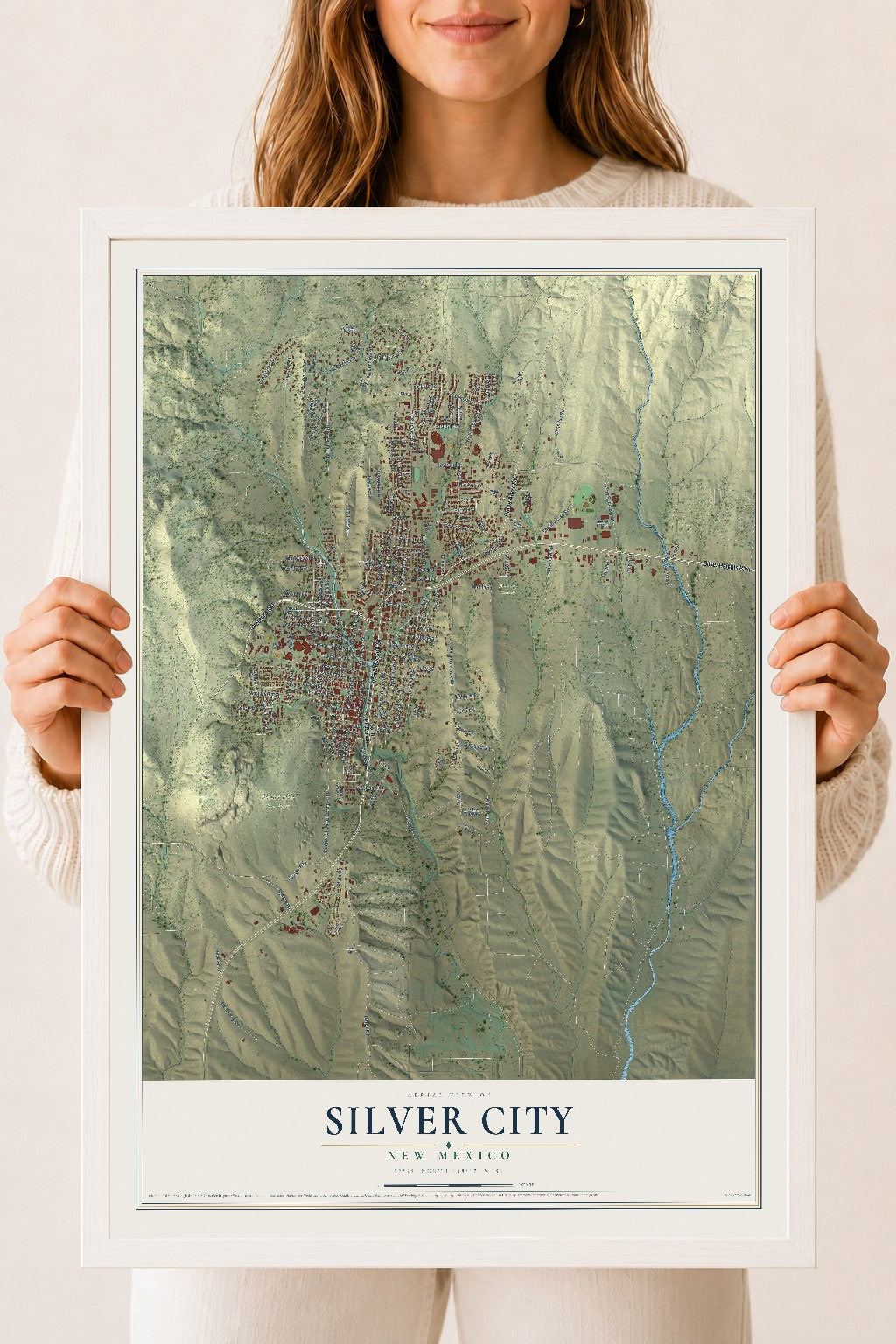Map of Silver City, New Mexico, 18 x 24 inch print in a white wood frame