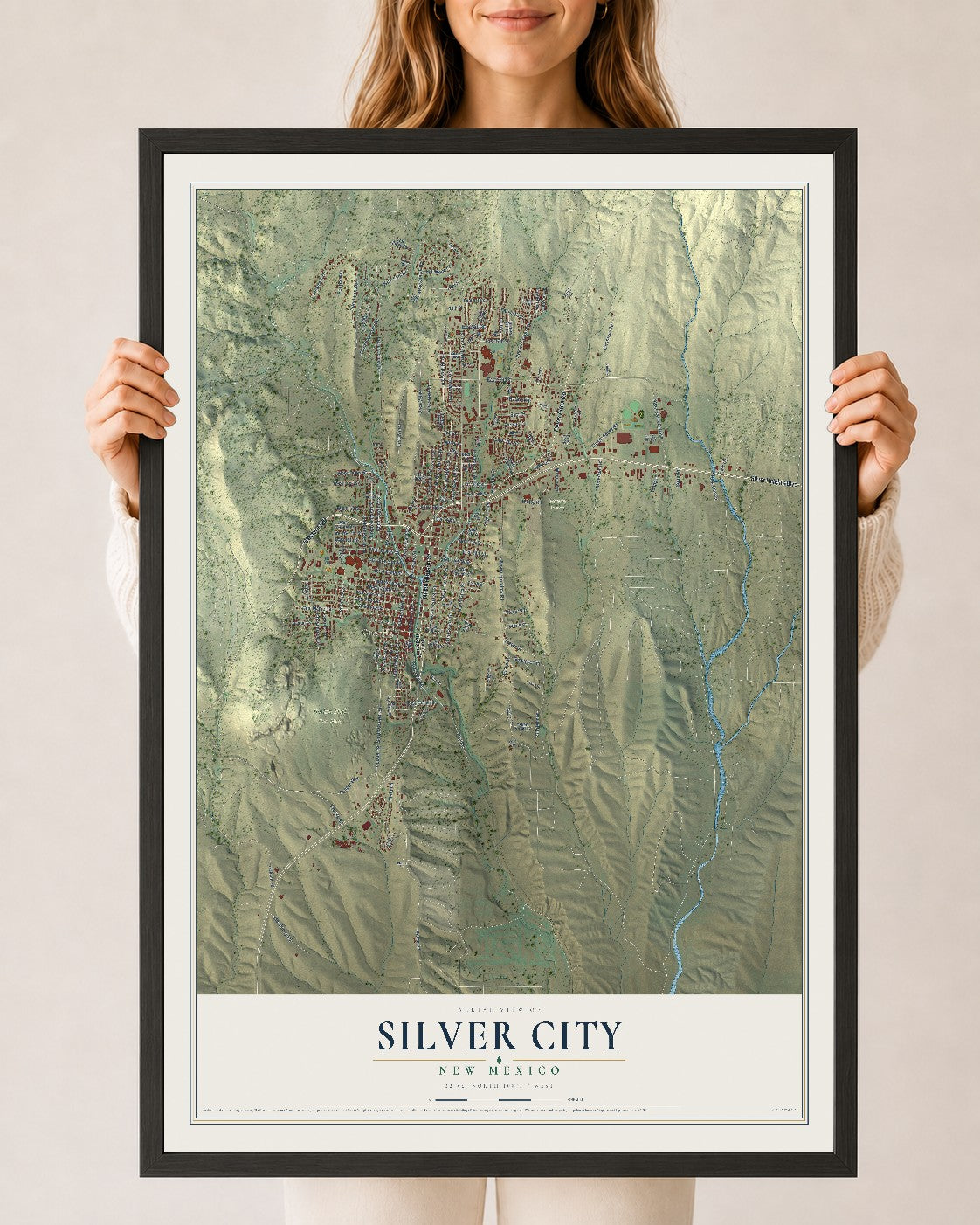Map of Silver City, New Mexico, 24 x 36 inch print in a black wood frame