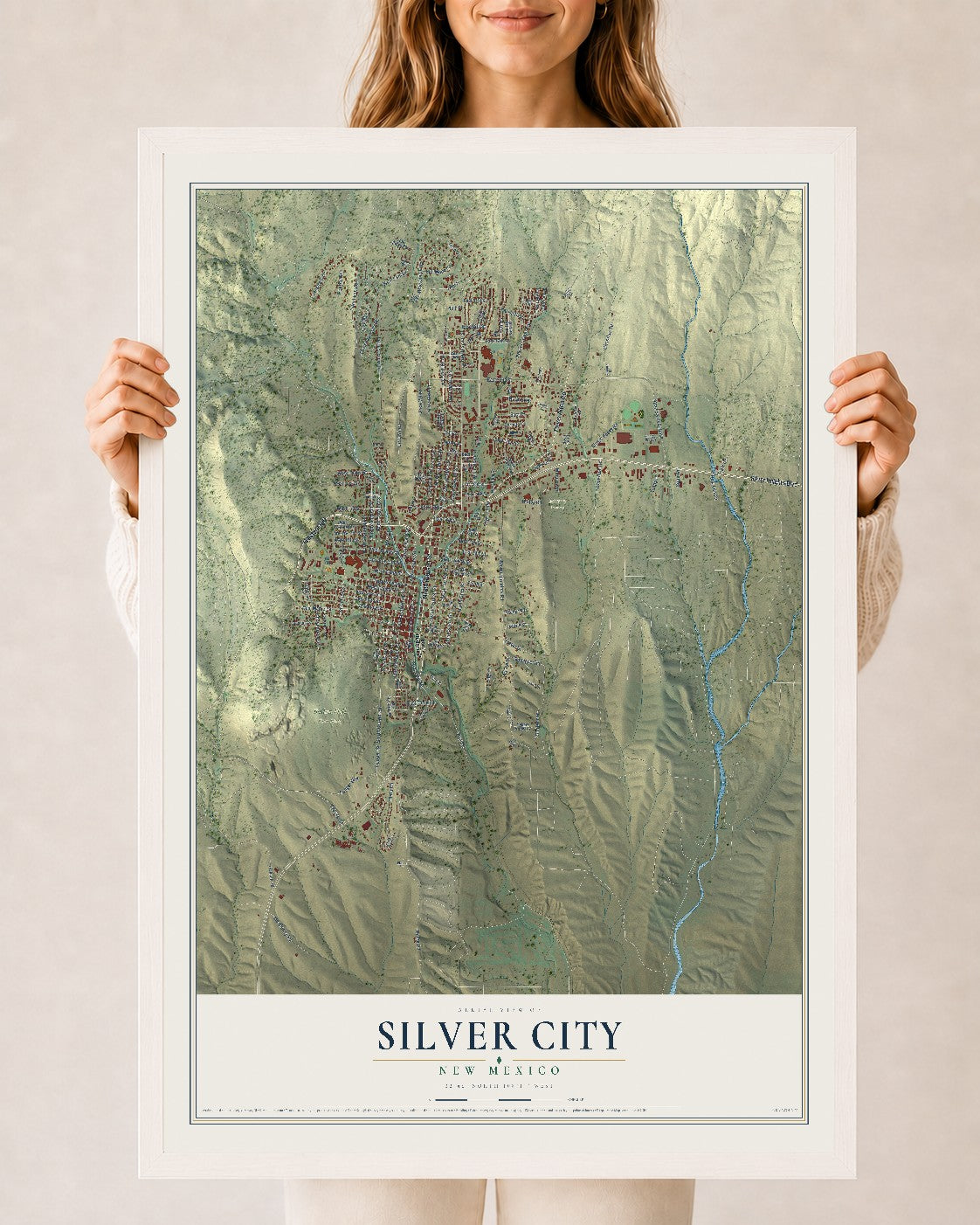 Map of Silver City, New Mexico, 24 x 36 inch print in a white wood frame
