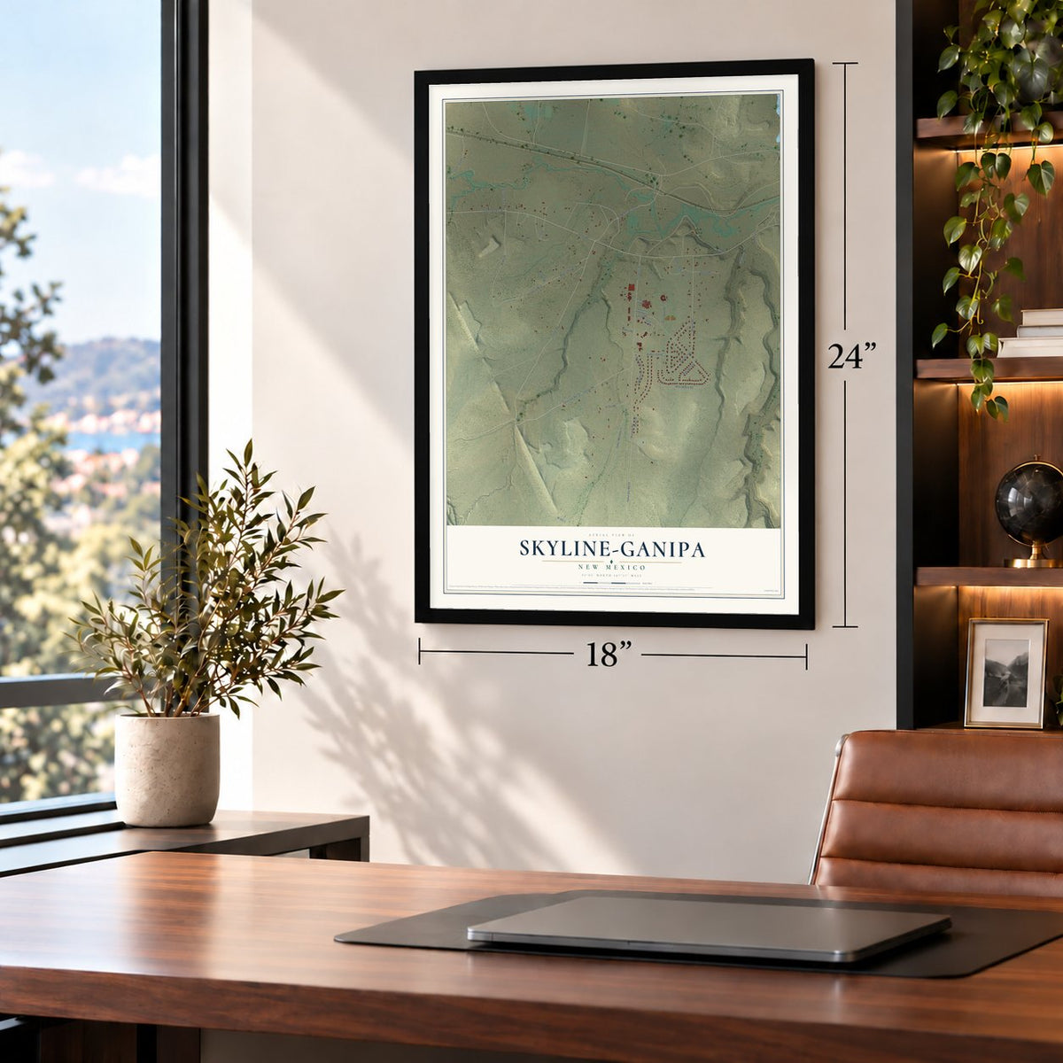 Skyline-Ganipa, New Mexico map, 18 x 24 inch print in a black frame in a home office