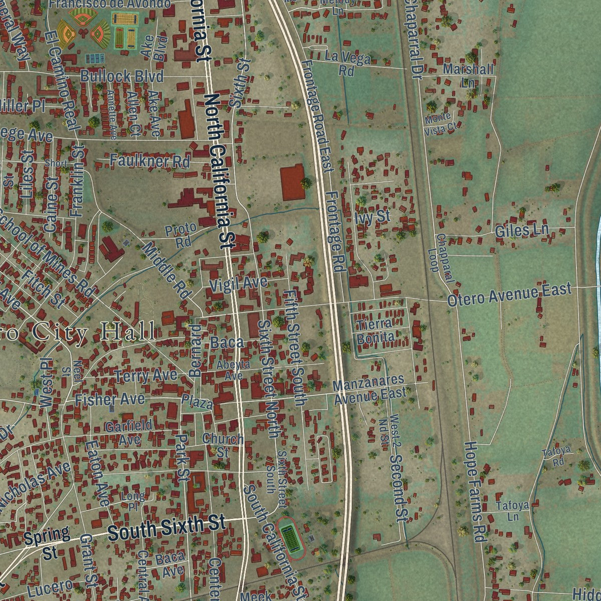 Close-up of the map of Socorro, New Mexico print showing street and building detail