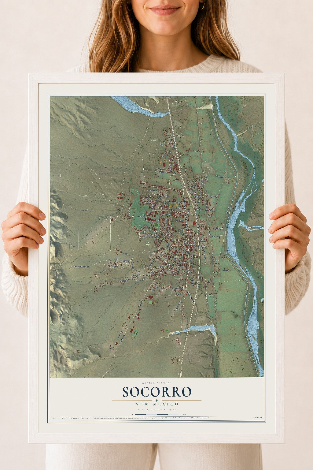 Map of Socorro, New Mexico, 18 x 24 inch print in a white wood frame