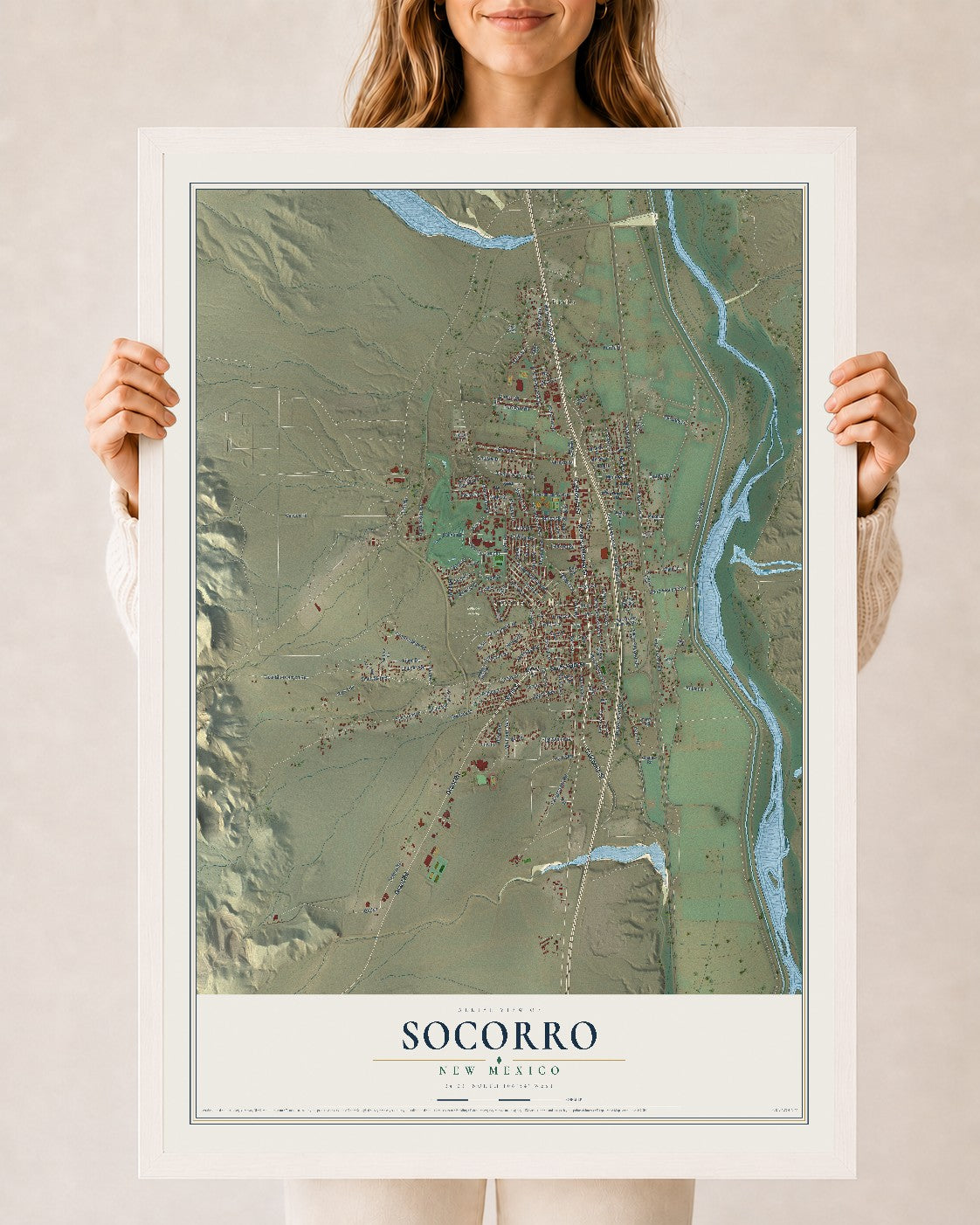 Map of Socorro, New Mexico, 24 x 36 inch print in a white wood frame