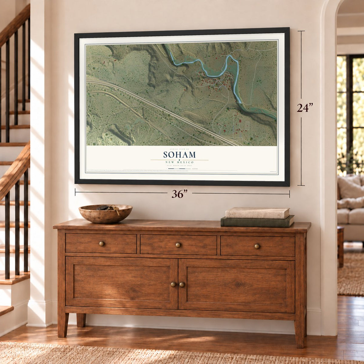 Soham, New Mexico map, 24 x 36 inch print in a black frame above a dresser by a staircase