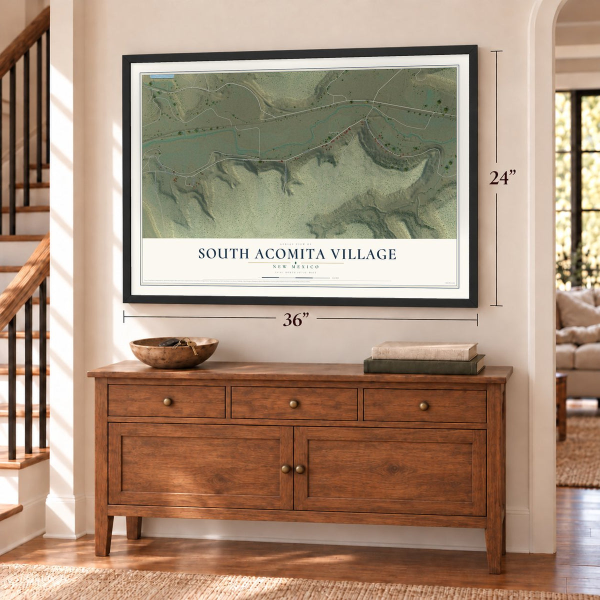 South Acomita Village, New Mexico map, 24 x 36 inch print in a black frame above a dresser by a staircase