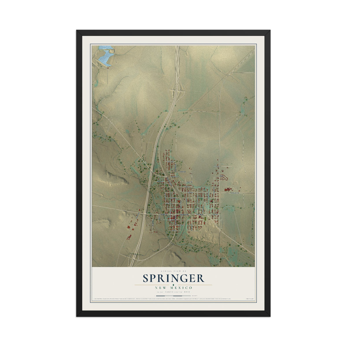 Map of Springer, New Mexico, 12 x 18 inch print in a black wood frame