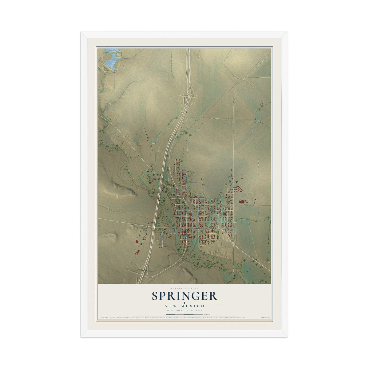 Map of Springer, New Mexico, 12 x 18 inch print in a white wood frame