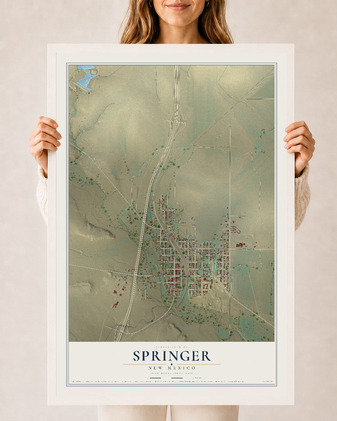 Map of Springer, New Mexico, 24 x 36 inch print in a white wood frame
