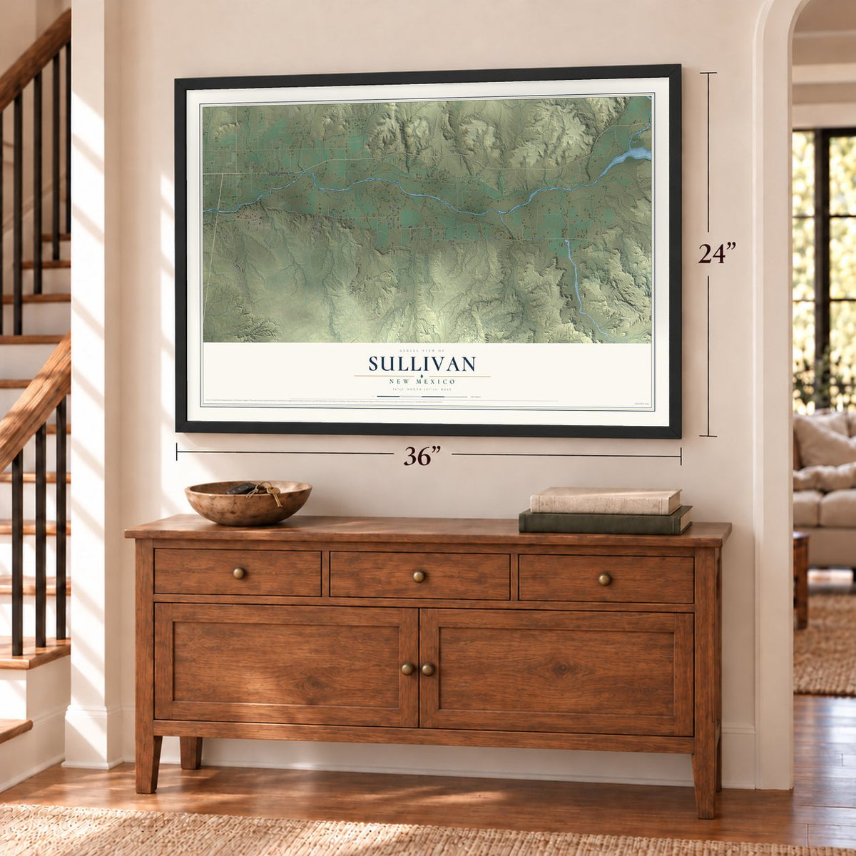 Sullivan, New Mexico map, 24 x 36 inch print in a black frame above a dresser by a staircase