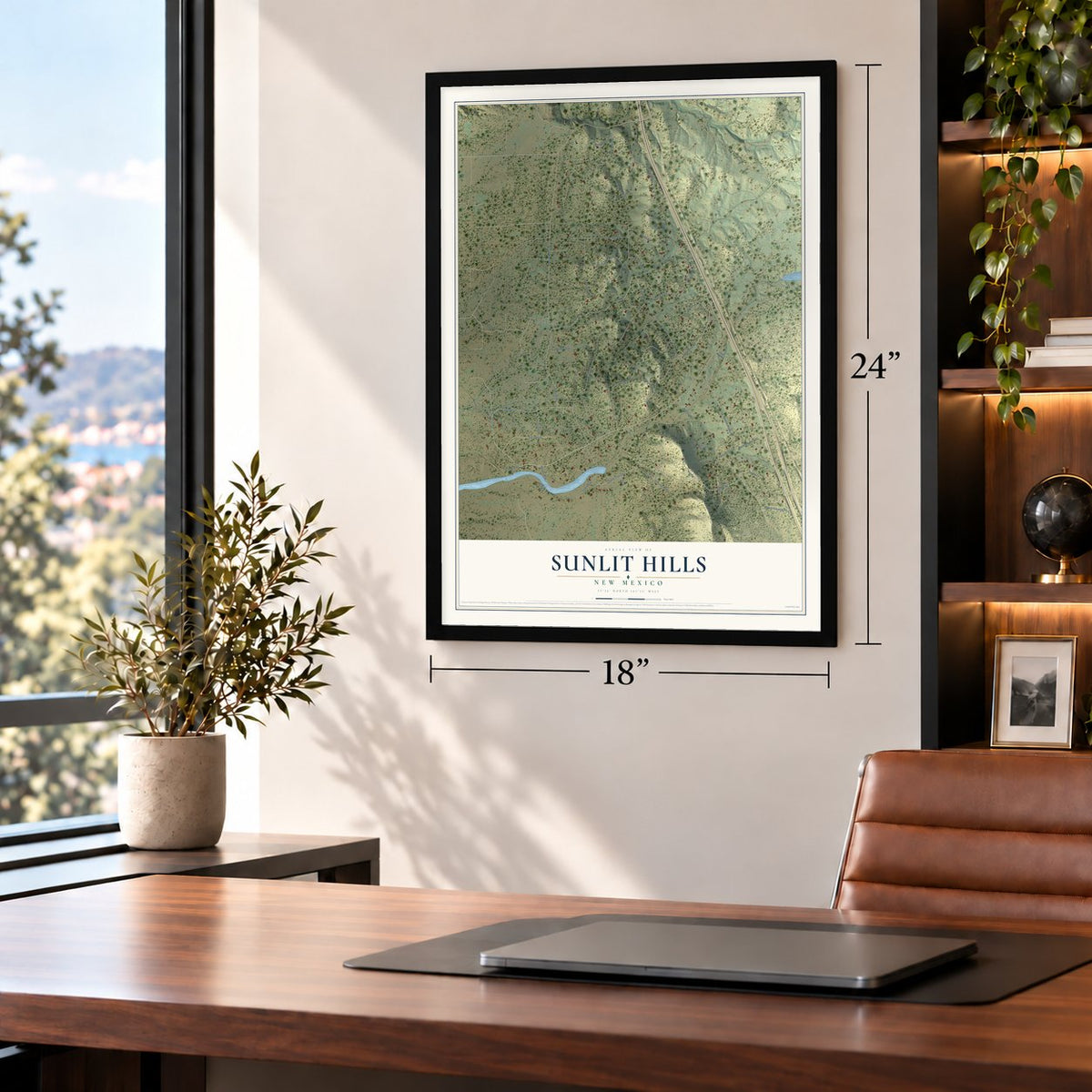Sunlit Hills, New Mexico map, 18 x 24 inch print in a black frame in a home office