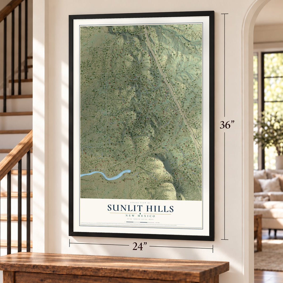 Sunlit Hills, New Mexico map, 24 x 36 inch print in a black frame by a staircase