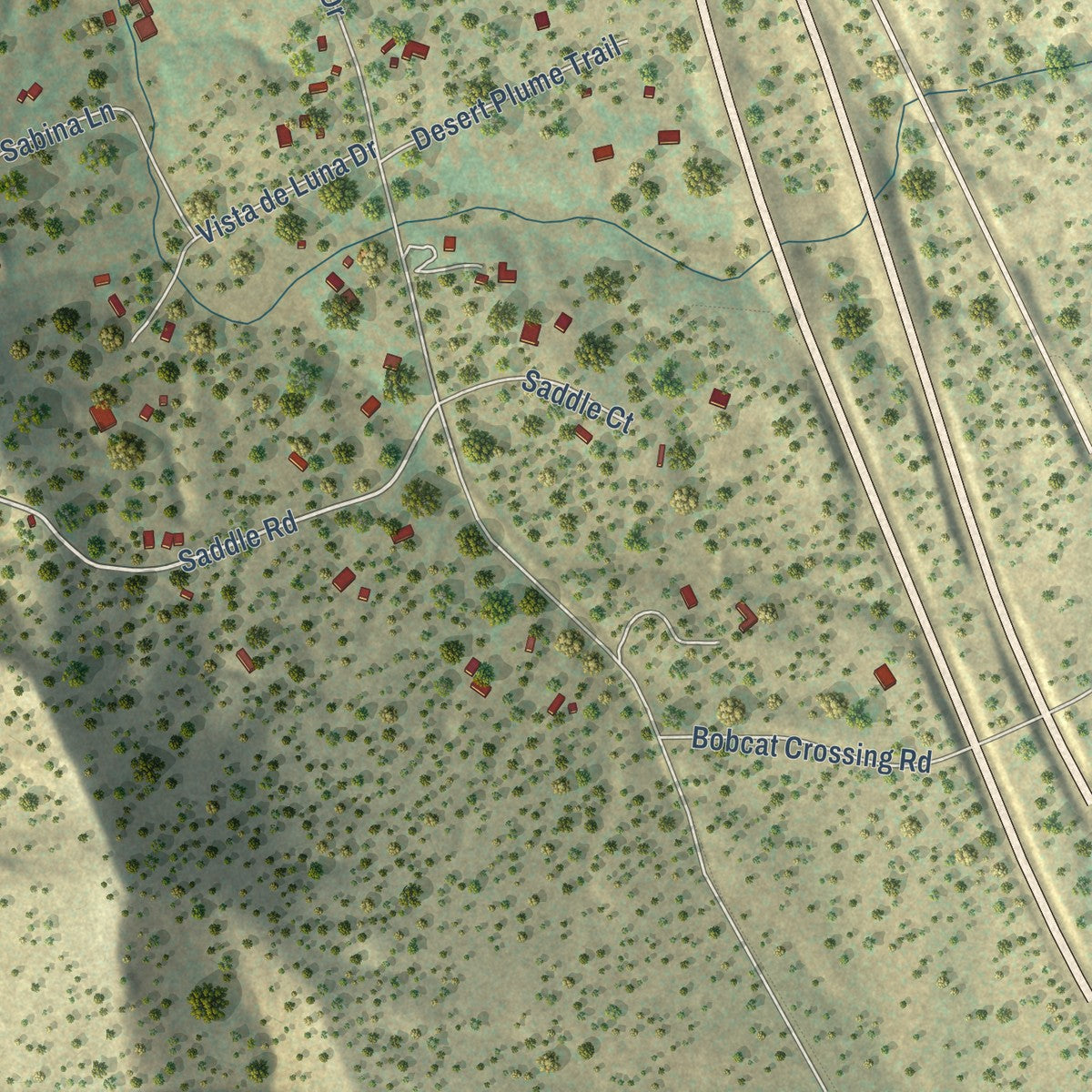 Close-up of the map of Sunlit Hills, New Mexico print showing street and building detail