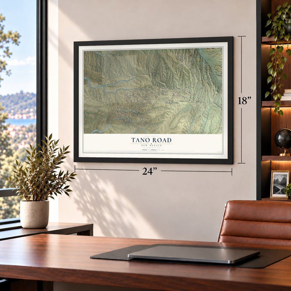 Tano Road, New Mexico map, 18 x 24 inch print in a black frame in a home office