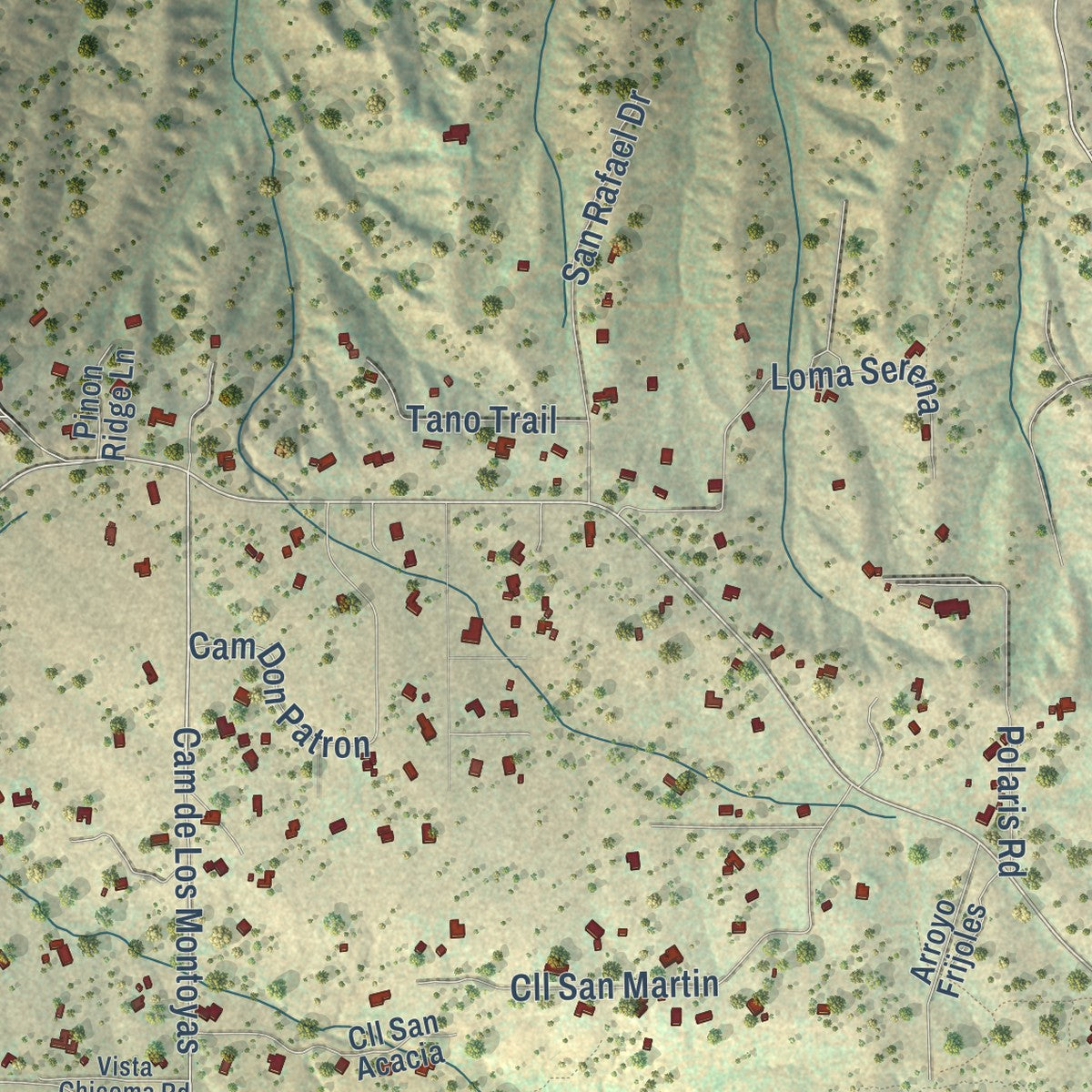 Close-up of the map of Tano Road, New Mexico print showing street and building detail