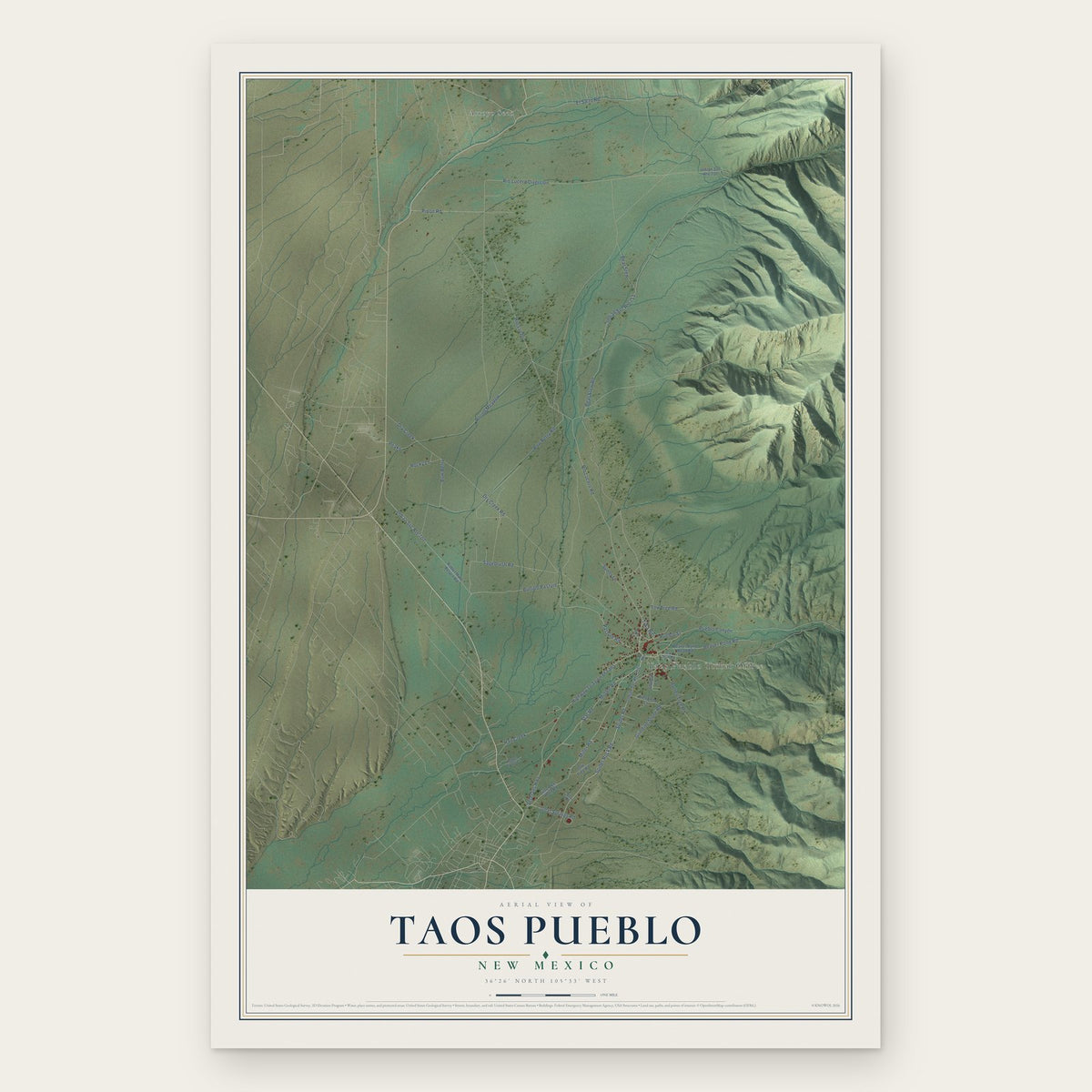 Taos Pueblo, New Mexico map print, the full design