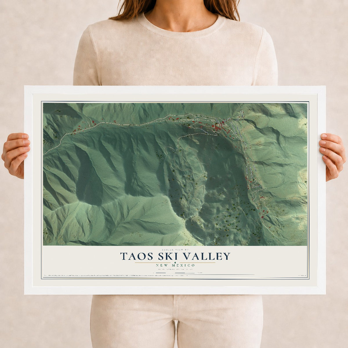 Map of Taos Ski Valley, New Mexico, 12 x 18 inch print in a white wood frame