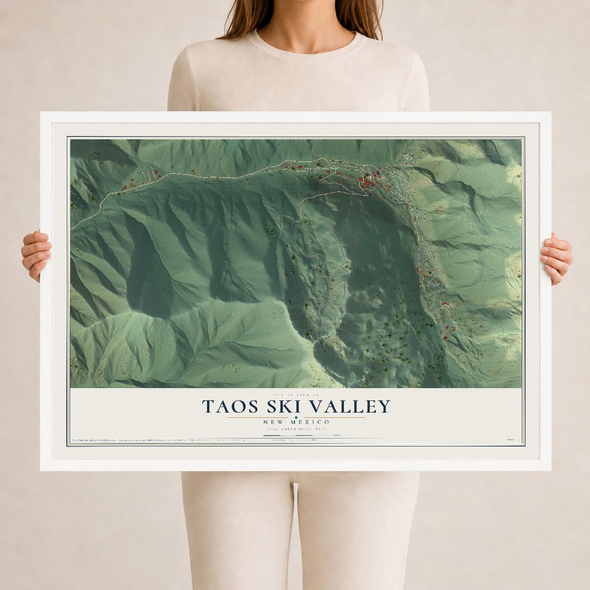 Map of Taos Ski Valley, New Mexico, 24 x 36 inch print in a white wood frame