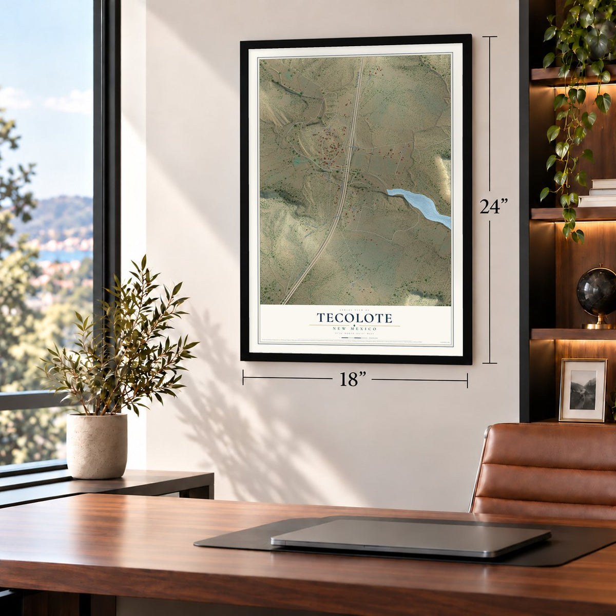 Tecolote, New Mexico map, 18 x 24 inch print in a black frame in a home office