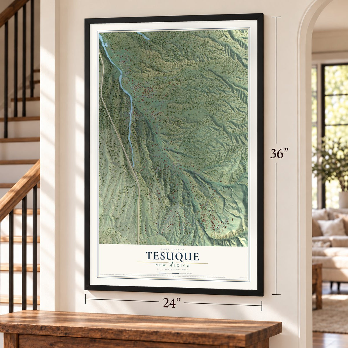 Tesuque, New Mexico map, 24 x 36 inch print in a black frame by a staircase