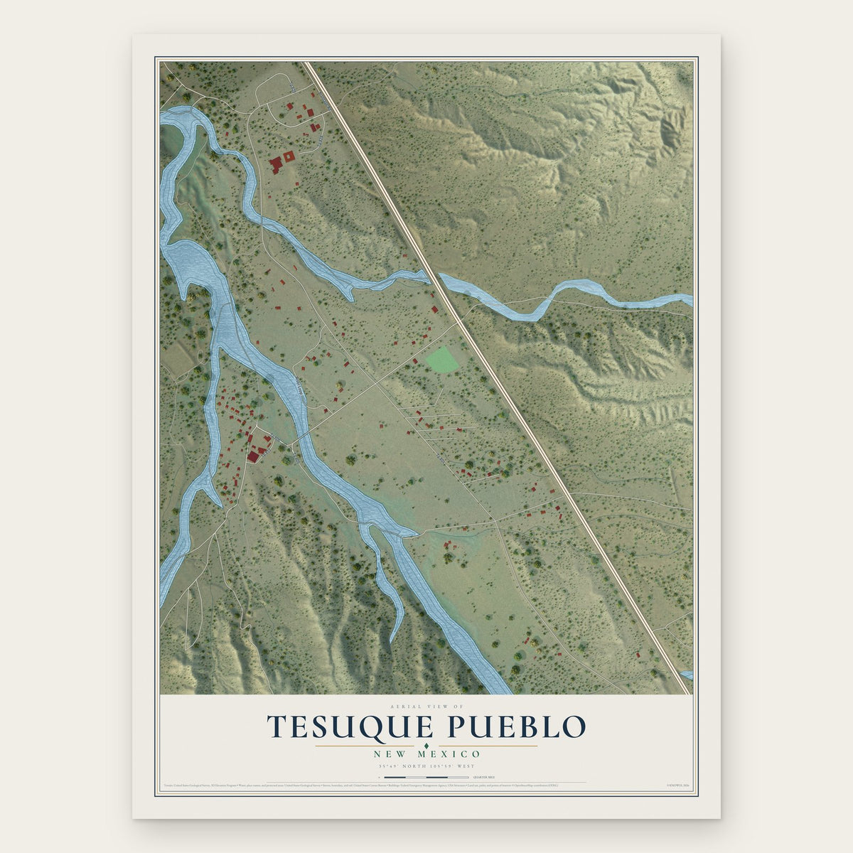 Tesuque Pueblo, New Mexico map print, the full design