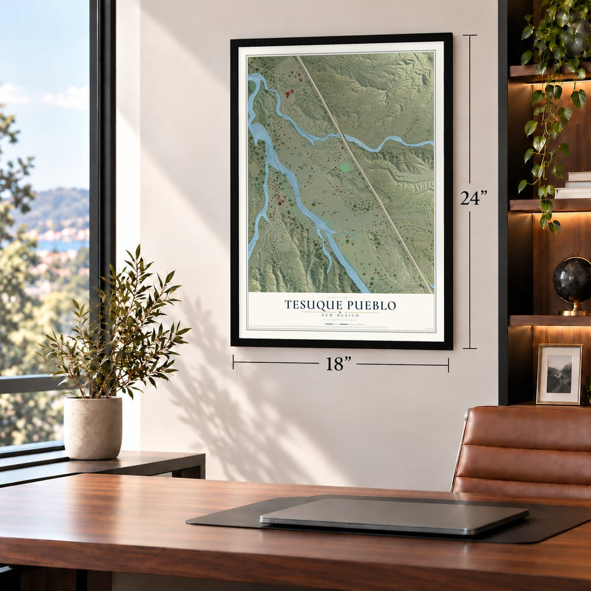Tesuque Pueblo, New Mexico map, 18 x 24 inch print in a black frame in a home office