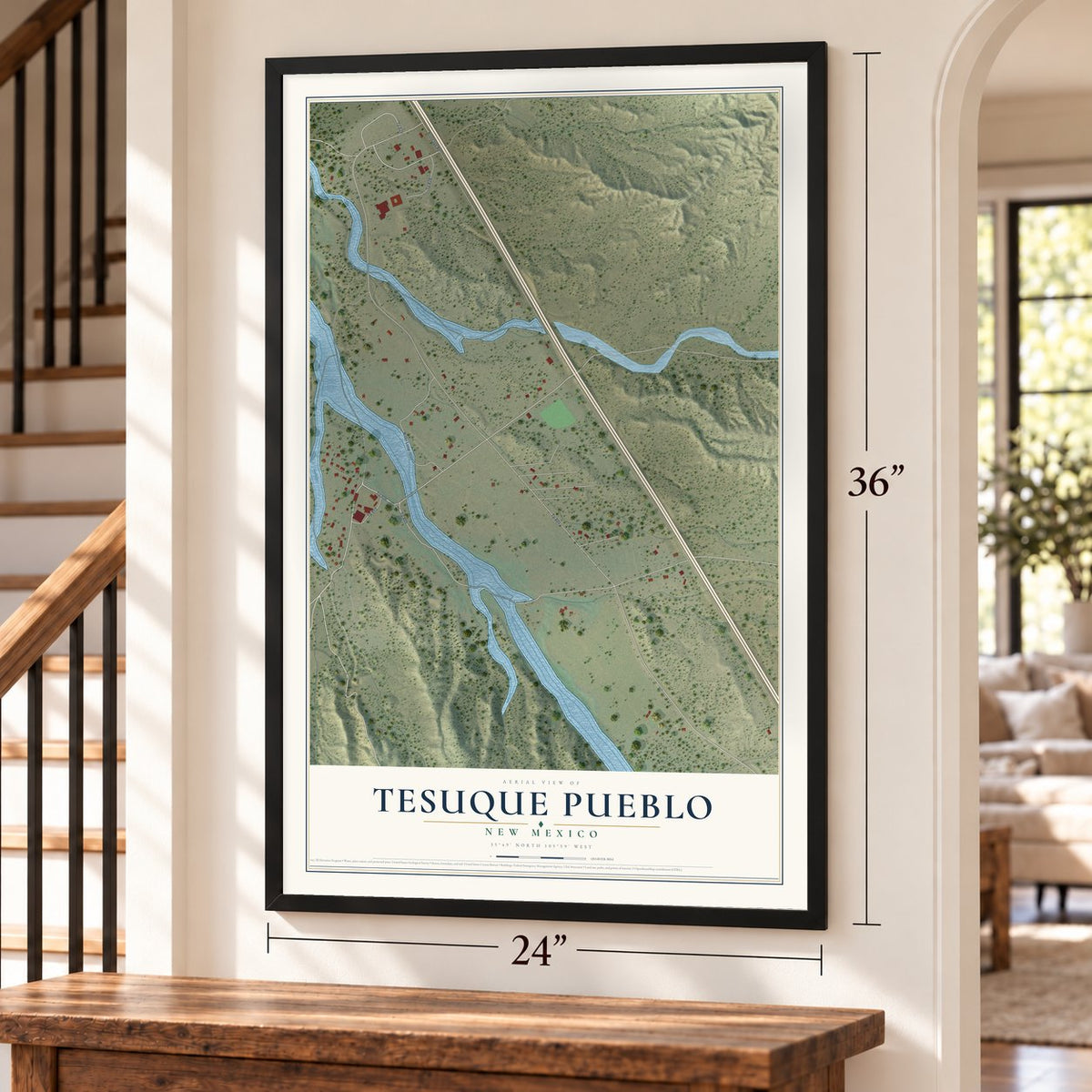 Tesuque Pueblo, New Mexico map, 24 x 36 inch print in a black frame by a staircase